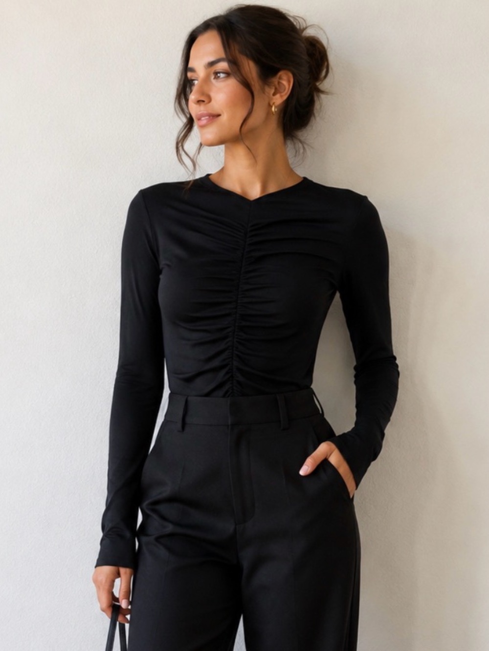 Lemory Park Black Long Sleeve Ruched Bodysuit